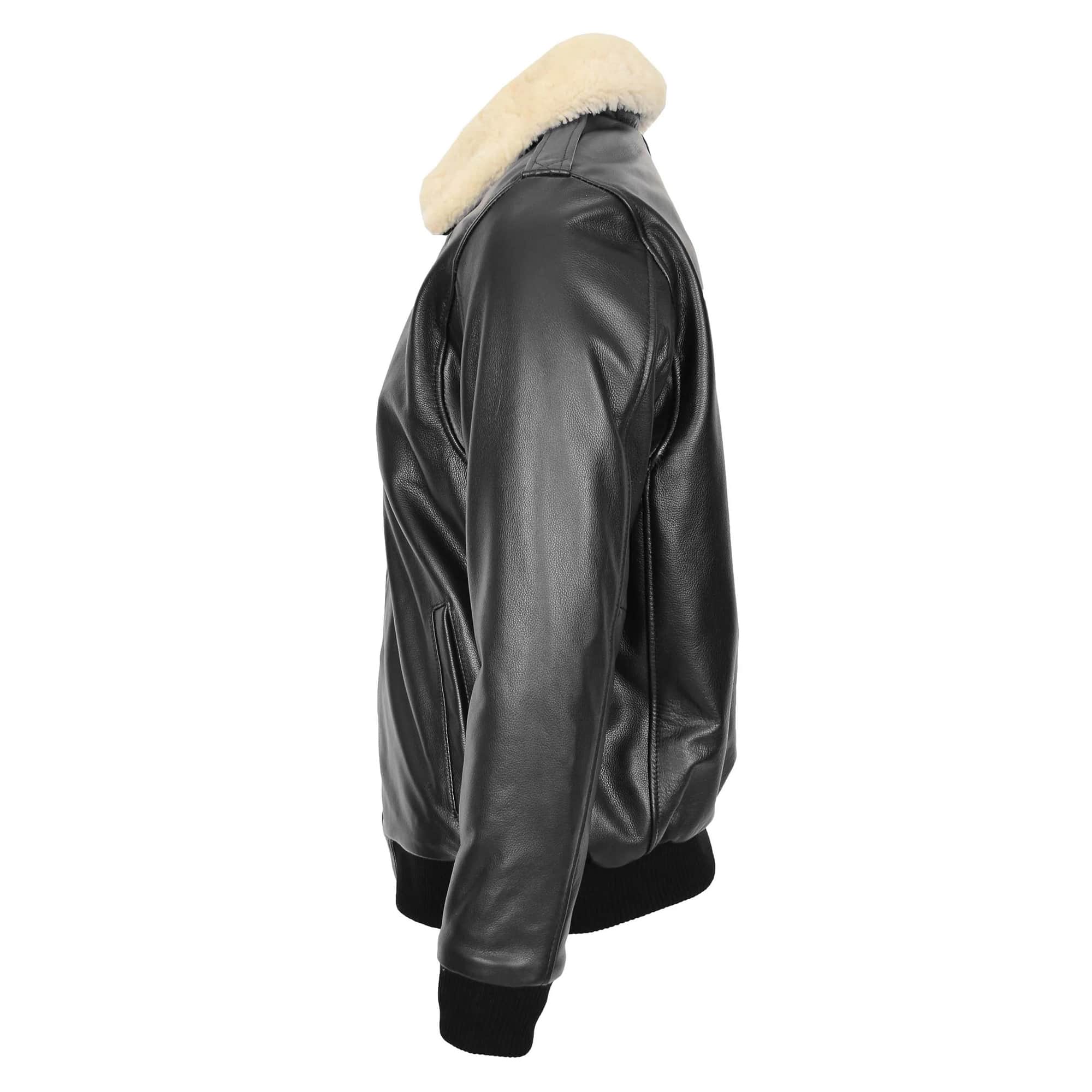 Bomber Leather Jacket For Men with Sheepskin Collar Viggo Black