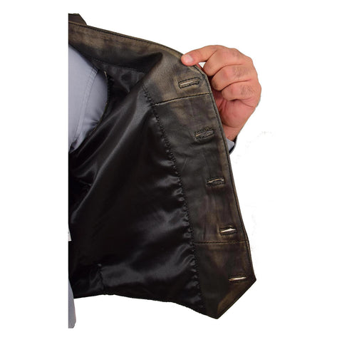 Mens Button Fastening Leather Waistcoat Nick Black Vintage