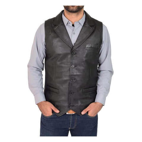 Mens Leather Buttoned Waistcoat Gilet Calvin Black