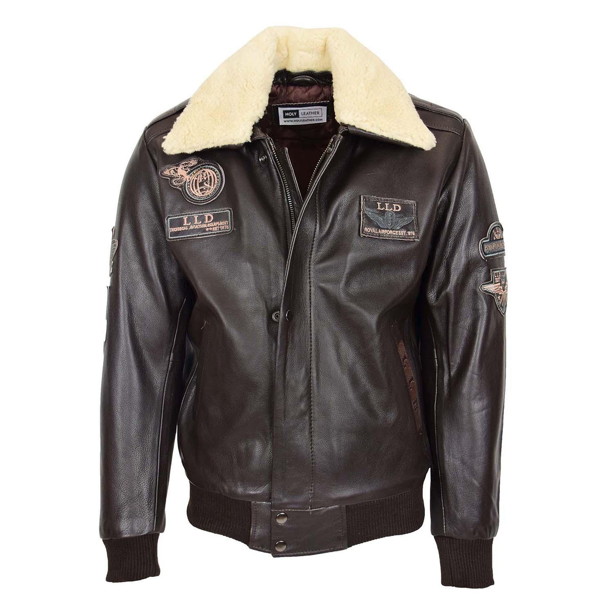 Mens Leather Jacket with Detachable Collar Pilot-N Brown