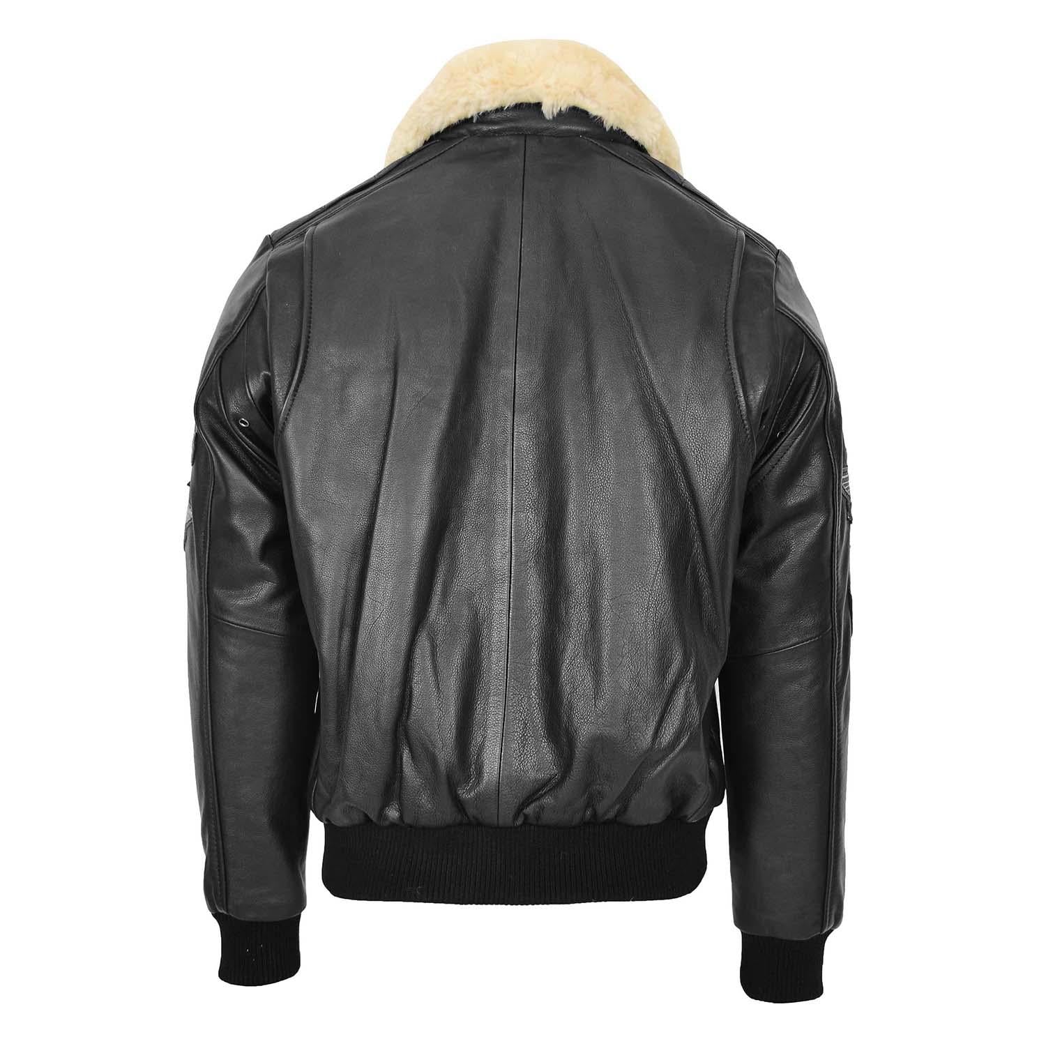 Mens Leather Jacket with Detachable Collar Pilot-N Black