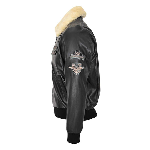 Mens Leather Jacket with Detachable Collar Pilot-N Black