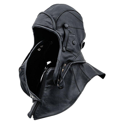 Leather Aviator Cap Hood With Collar and Face Mask (Black)