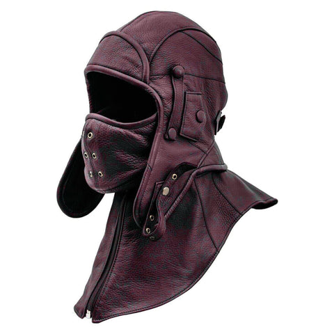 Leather Aviator Cap Hood With Collar and Face Mask (Two Tone)