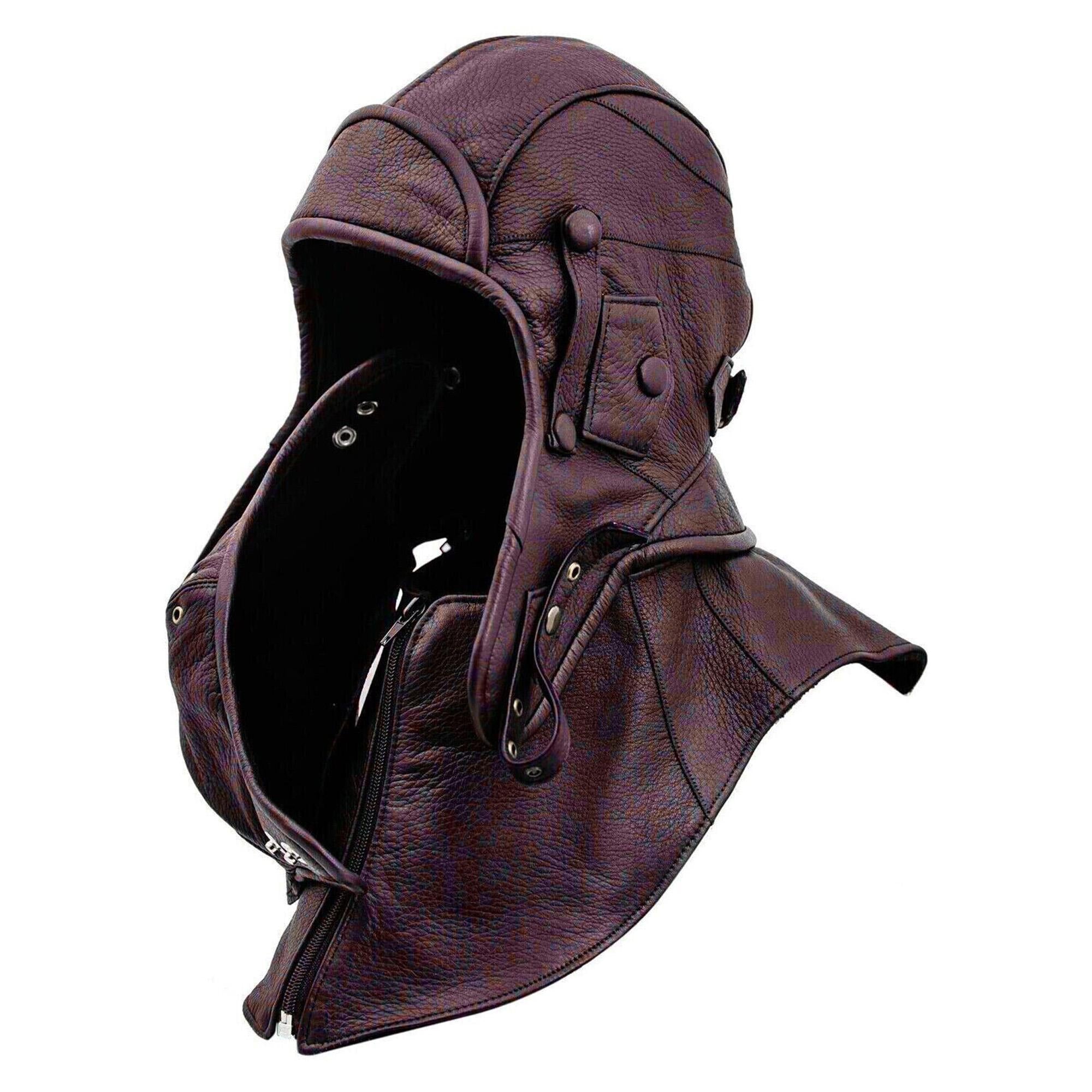 Leather Aviator Cap Hood With Collar and Face Mask (Two Tone)