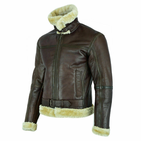 Men's RAF Aviator Real Sheep Leather Bomber Jacket Collar View